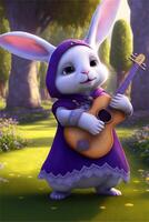 cartone animato coniglio nel un' viola vestito Tenere un' chitarra. generativo ai. foto