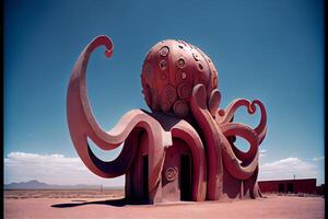 gigante polpo statua seduta nel il mezzo di un' deserto. generativo ai. foto