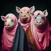 tre maiali indossare velo in piedi Il prossimo per ogni Altro. generativo ai. foto