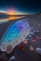 grande corpo di acqua seduta su superiore di un' sabbioso spiaggia. generativo ai. foto