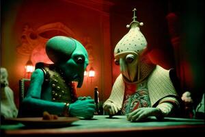 coppia di alieno uomini seduta a un' tavolo. generativo ai. foto