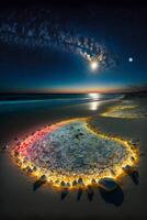 cuore fatto su di conchiglie su un' spiaggia a notte. generativo ai. foto