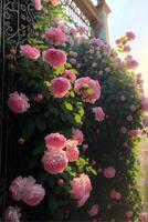 mazzo di rosa e bianca fiori sospeso a partire dal il lato di un' porta. generativo ai. foto