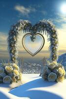 nozze arco decorato con fiori nel il neve. generativo ai. foto