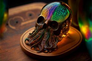 colorato bicchiere cranio seduta su superiore di un' di legno tavolo. generativo ai. foto