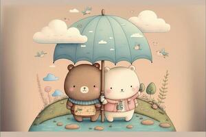 coppia di orsi in piedi Il prossimo per ogni altro sotto un ombrello. generativo ai. foto