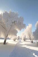 coppia di alberi quello siamo in piedi nel il neve. generativo ai. foto