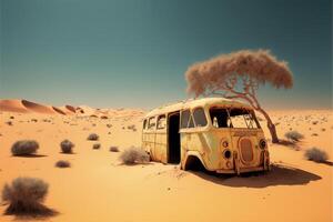 un vecchio autobus seduta nel il mezzo di un' deserto. generativo ai. foto