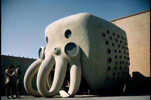 gigante scultura di un polpo nel davanti di un' costruzione. generativo ai foto
