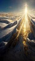 il sole brilla brillantemente al di sopra di un' neve coperto campo. generativo ai. foto