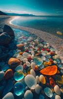 mazzo di rocce seduta su superiore di un' spiaggia. generativo ai. foto