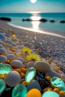 mazzo di rocce seduta su superiore di un' spiaggia. generativo ai. foto