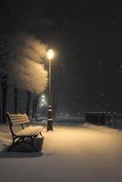 panchina seduta nel il mezzo di un' neve coperto parco. generativo ai. foto