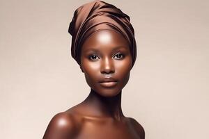 africano carino ragazza nel un' nazionale copricapo. rosa e Marrone sfondo. studio ritratto. generativo ai foto