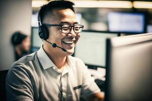 il giapponese uomo è sorridente, seduta a il suo scrivania indossare un' cuffia. Lavorando nel un' chiamata centro. generativo ai. foto