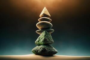 un' piramide di equilibratura pietre. zen pietre. rilassante meditazione, yoga. generativo ai foto