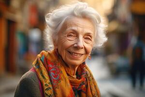 anziano sorridente donna, nonna con grigio capelli su un' città strada. ritratto. generativo ai foto