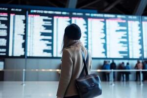 un' ragazza sembra a il tavola con il programma di Partenze di passeggeri trasporto a il ferrovia stazione. generativo ai foto