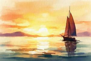 barca a vela andare in barca su il mare a tramonto. dipinto con acquerelli, il struttura di acquerello carta. foto