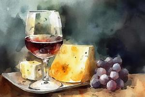 bicchiere di vino e formaggio e mazzo di uva su tavolo, acquerello pittura su strutturato carta. digitale acquerello pittura foto