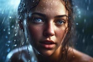 ritratto di un' ragazza con bagnato buio capelli nel gocce di acqua sospeso nel il aria. foto