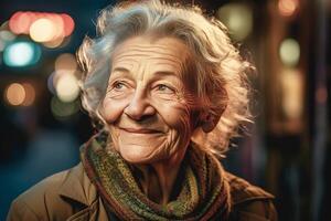 anziano sorridente donna, nonna con grigio capelli su un' città strada. ritratto. generativo ai foto