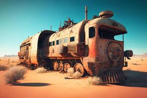 un vecchio arrugginito vapore locomotiva parcheggiata nel il deserto. generativo ai foto