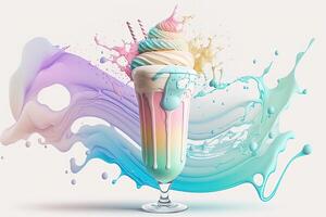 spruzzo multicolore ghiaccio crema nel un' bicchiere ciotola. spruzzo e gocce di crema, frappè. astratto illustrazione di pastello colori su un' bianca sfondo. ai generato. foto