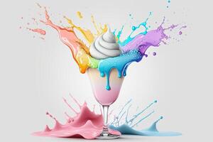 spruzzo multicolore ghiaccio crema nel un' bicchiere ciotola. spruzzo e gocce di crema, frappè. astratto illustrazione di pastello colori su un' bianca sfondo. ai generato. foto