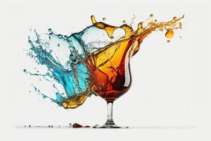 un' spruzzo di multicolore liquido nel un' chiaro bicchiere. esplosione e spruzzi cocktail. astratto illustrazione su bianca sfondo. ai generato. foto