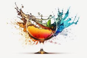 un' spruzzo di multicolore liquido nel un' chiaro bicchiere. esplosione e spruzzi cocktail. astratto illustrazione su bianca sfondo. ai generato. foto