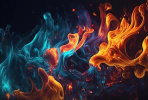 multicolore neon fuoco su un' buio sfondo. surrealistico fiamme di rosso, blu e giallo. fantastico in movimento modello. 3d rendere. ai generato. foto