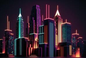un' futuristico notte città nel il distanza raggiante con neon luce. surrealistico grattacieli. ciberpunk, immersiva mondo di il metaverso. 3d resa. ai generato. foto