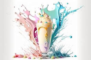 spruzzo multicolore ghiaccio crema nel un' bicchiere ciotola. spruzzo e gocce di crema, frappè. astratto illustrazione di pastello colori su un' bianca sfondo. ai generato. foto