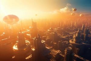 futuristico Tech città nel sole luce. creare ai foto