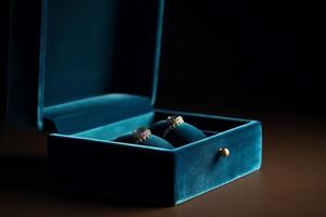 minimo blu velluto gioielleria scatola su tessuto sfondo Prodotto presentazione ai generato foto