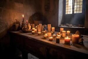 candele bruciato nel famiglia cripta di Chiesa tomba ai generato foto