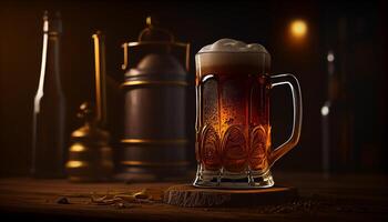 bicchiere boccale di birra con schiuma nel un' sbarra, pub, birrificio. birra chiara bere, pinta, alcool avvicinamento. generativo ai foto