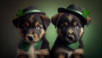 adorabile carino divertente pastore razza cucciolo cani indossare verde st Patrick giorno cappelli. generativo ai foto