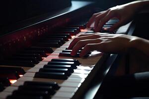 musicista mani su pianoforte tastiera del computer. classico musica strumento. generativo ai foto