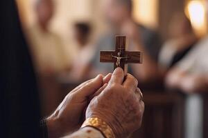 Chiesa sacerdote detiene religioso attraversare nel mani. generativo ai foto