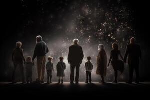 diverso generazioni di famiglia In piedi insieme contro buio astratto sfondo. generativo ai foto