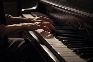 musicista mani su pianoforte tastiera del computer. classico musica strumento. generativo ai foto