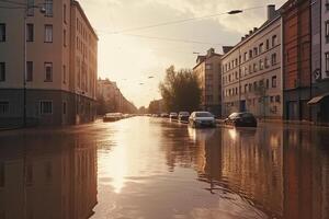 allagamento su il città strada. generativo ai foto