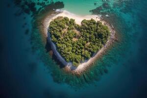 aereo Visualizza di cuore forma isola nel mare. generativo ai foto