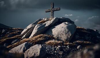 attraversare simbolo su il roccia collina, cristiano simbolo su superiore di roccia generativo ai foto