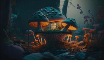 illustrazione di velenoso fungo casa, nano Fata alloggiamento a partire dal velenoso funghi generativo ai foto