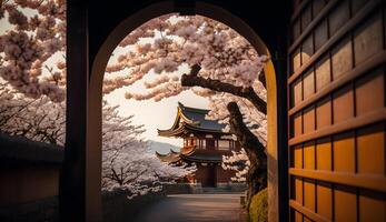 toji cancello nel ciliegia fiorire giardino, giapponese giardino paesaggio .generativo ai foto