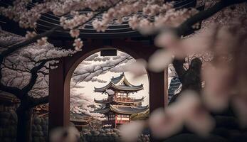 toji cancello nel ciliegia fiorire giardino, giapponese giardino paesaggio .generativo ai foto