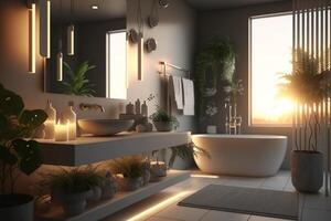 contemporaneo grigio bagno interno design con tramonto luce. ai generativo foto